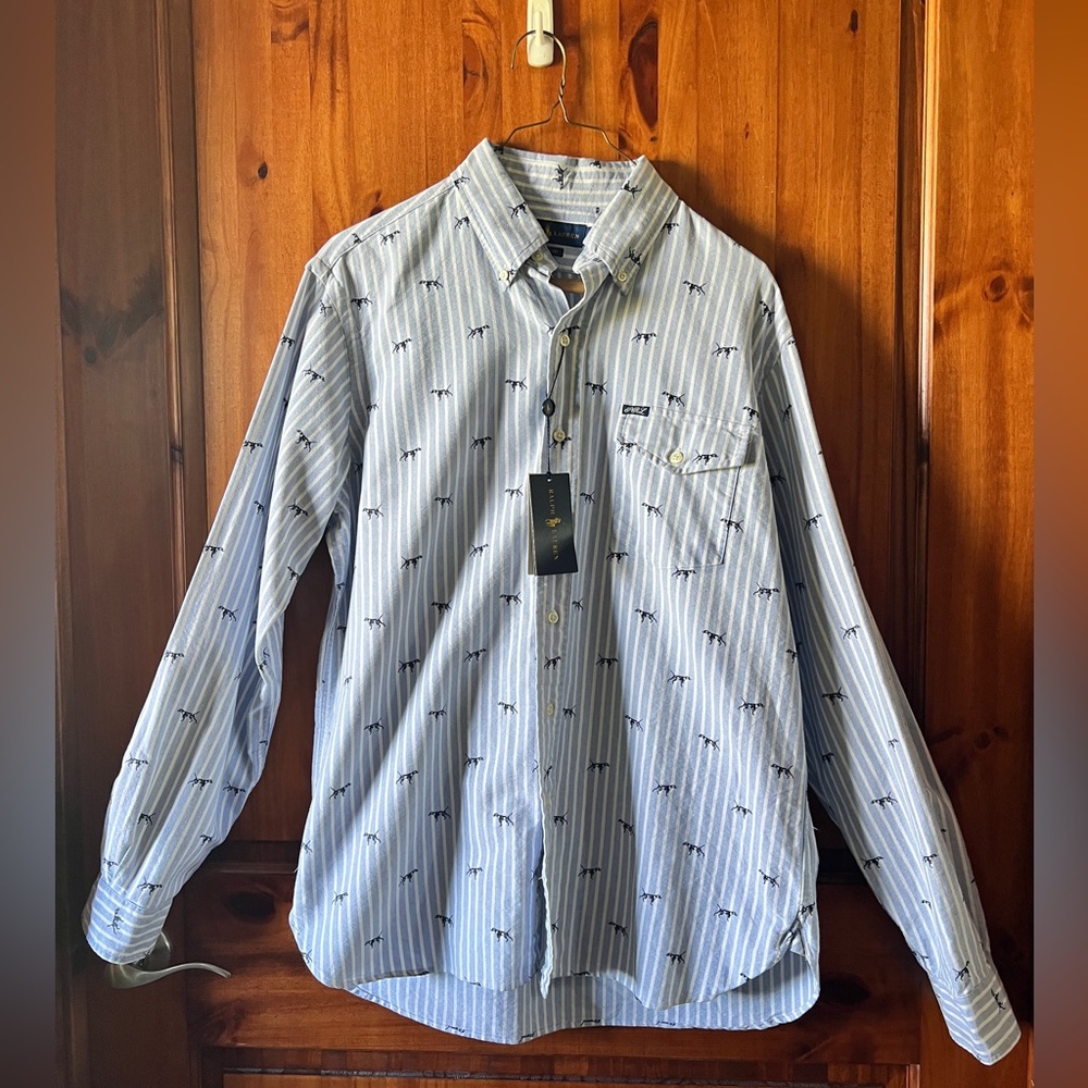 RALPH LAUREN Light Blue & White Pointing Dog-Print Button-Down Shirt